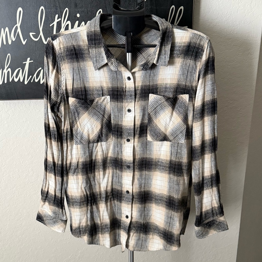 Plaid Button Down Shirt - Black and Cream